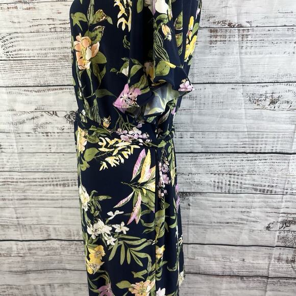 Roz & Ali Dress Plus sz 1X Navy Blue Purple Green Floral Slinky Stretch Tropical - Picture 8 of 11